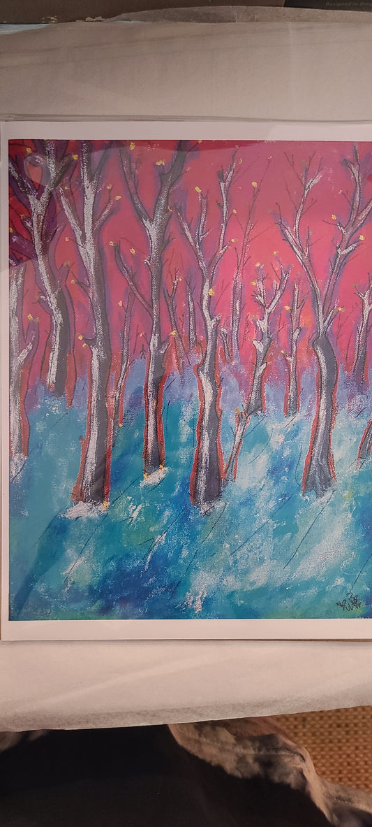 Pink blue woods snow print